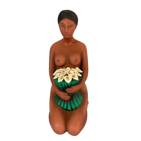 Folk Art Terracotta Lady Of Lilies Figurine Calla Lily - Picture 1 of 7